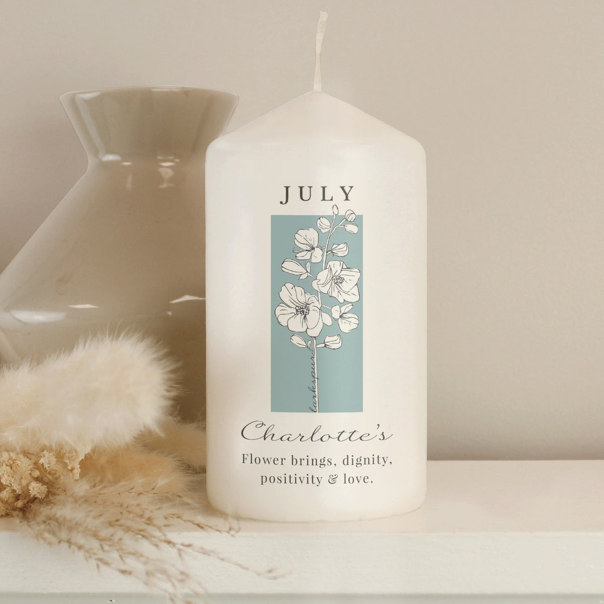 Personalised Birth Flower Pillar Candle | Handmade | A personal gift - Artfully Curated Creations and identify whats in the image