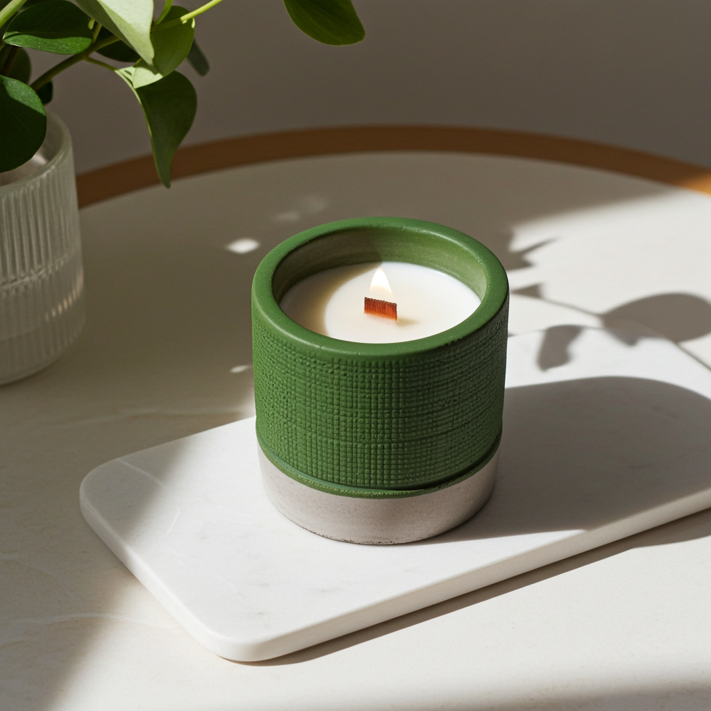 Green Concrete Wooden Wick Candle - Sea Moss & Herbs