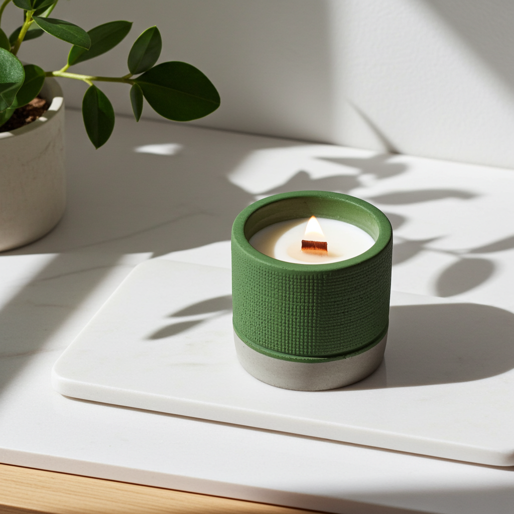 Green Concrete Wooden Wick Candle - Sea Moss & Herbs