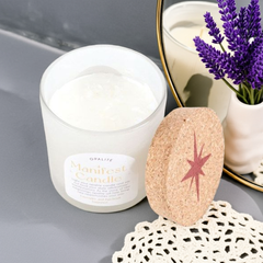 Opalite Crystal Candle – Lavender & Patchouli Scent – Manifestation Candle in Frosted Jar with Cork Lid, 25-Hour Burn Time