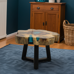Tamarind Wood and Resin Coffee Table – Handmade, Durable, Unique Patterns, Aqua Sky Blue Resin, Rustic Modern Design