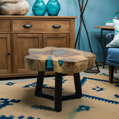 Tamarind Wood and Resin Coffee Table – Handmade, Durable, Unique Patterns, Aqua Sky Blue Resin, Rustic Modern Design