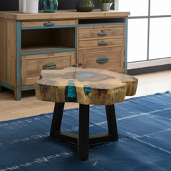 Tamarind Wood and Resin Coffee Table – Handmade, Durable, Unique Patterns, Aqua Sky Blue Resin, Rustic Modern Design