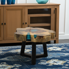 Tamarind Wood and Resin Coffee Table – Handmade, Durable, Unique Patterns, Aqua Sky Blue Resin, Rustic Modern Design