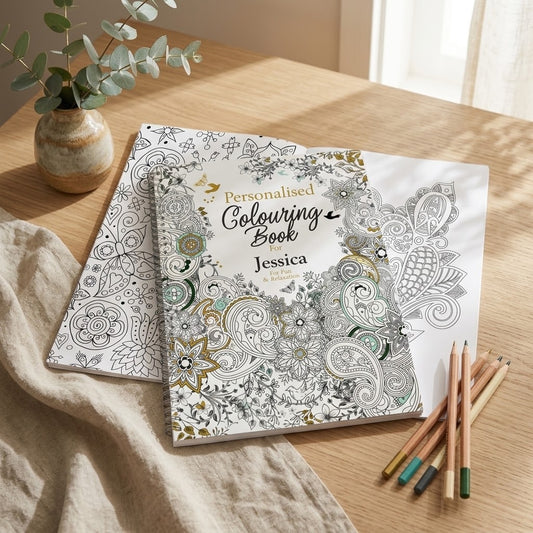 A personalised coloring book with intricate black and white floral mandala designs, styled on a wooden table with colored pencils, a linen cloth, and a small potted eucalyptus branch.