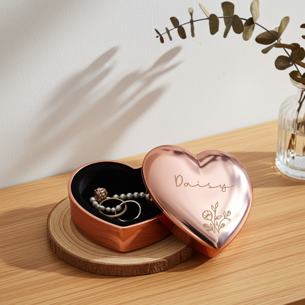 A heart-shaped metallic rose gold jewelry box, shown open on a wooden coaster with rings inside. The lid leans against the box, engraved with the name 'Daisy' and a floral design.