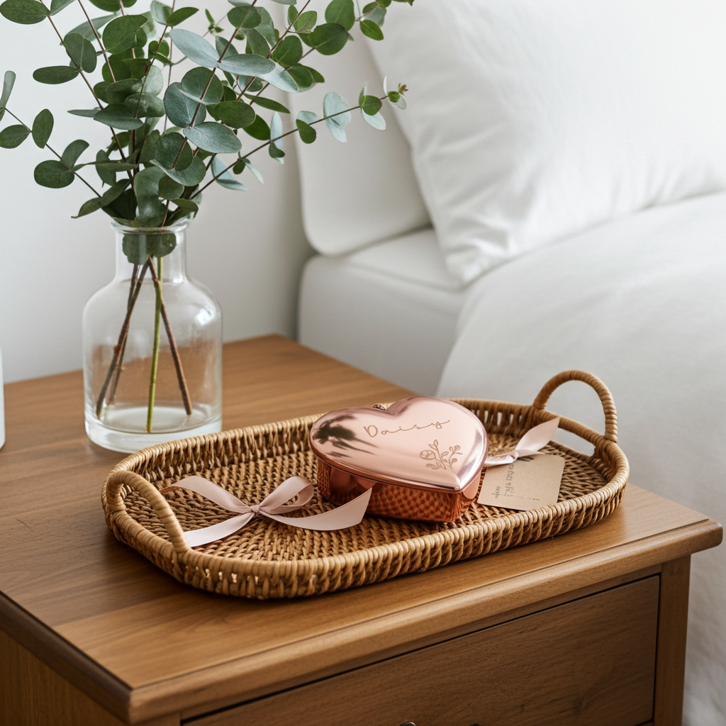 A heart-shaped metallic rose gold keepsake box with a ribbon bow sits on a woven rattan tray, which is placed on a wooden bedside table next to a glass vase with eucalyptus leaves and a white bed in the background.