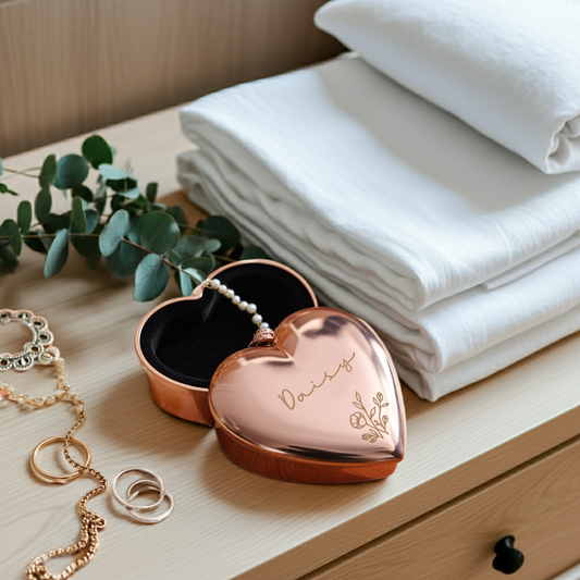 A heart-shaped rose gold keepsake box with a black velvet interior, personalized with the name 'Darry' and a floral engraving. The box is styled on a light wood dresser next to folded white towels, eucalyptus leaves, rings, and a pearl necklace.