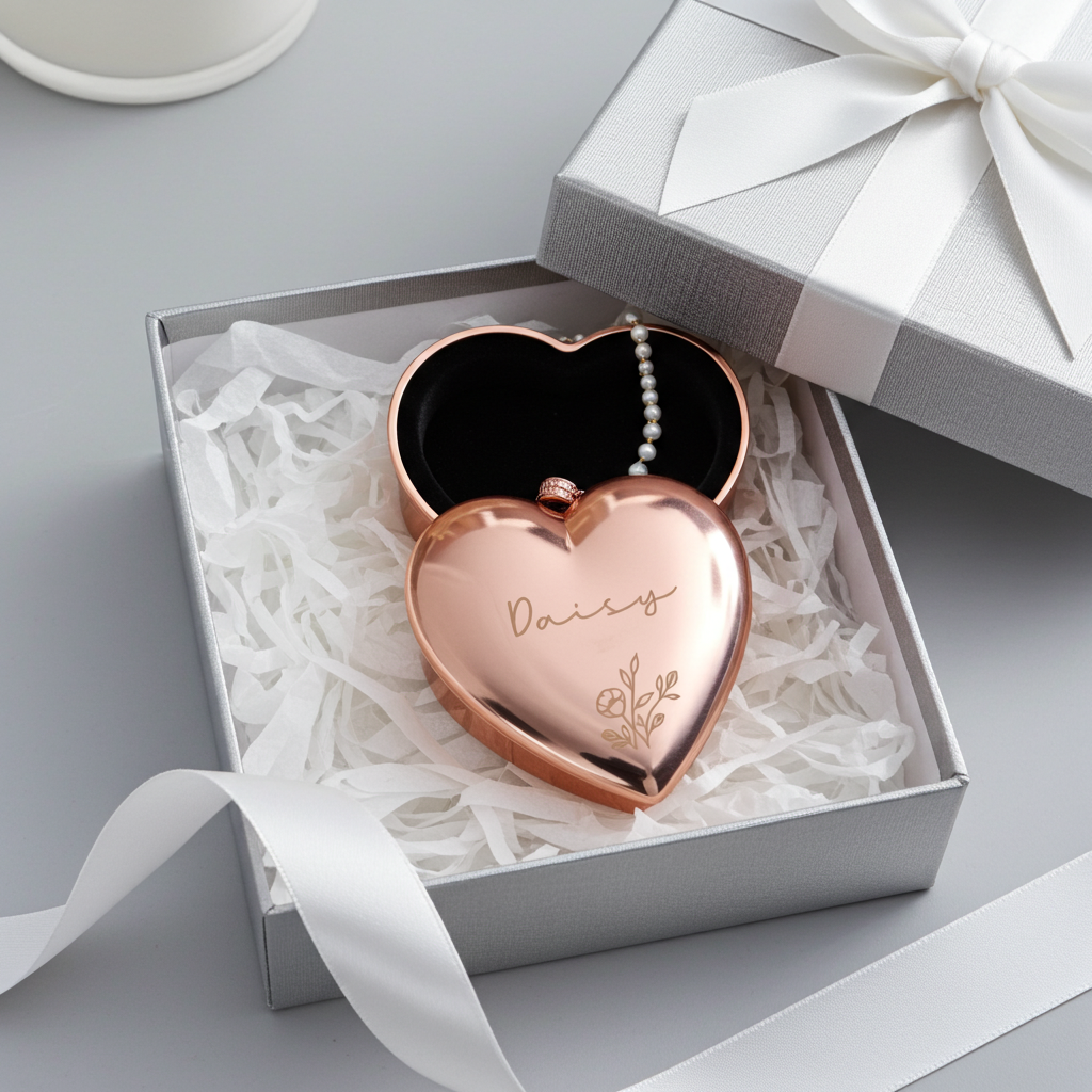 A heart-shaped rose gold keepsake box with the name 'Daisy' engraved on the front, displayed inside an open silver gift box with white tissue paper and ribbon. The box is shown next to its matching closed gift box with a white ribbon bow on a light gray surface.