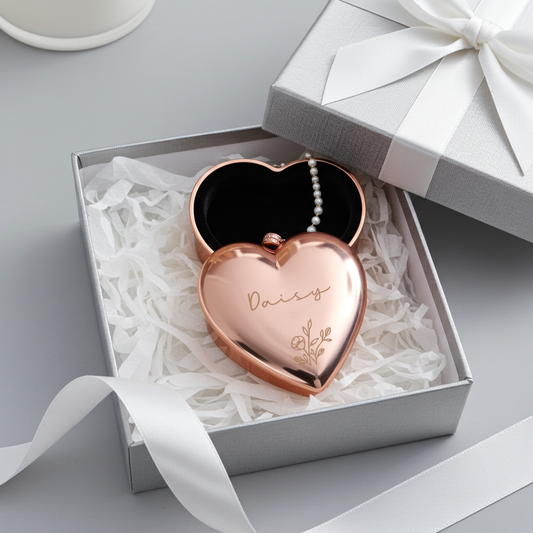 A heart-shaped rose gold keepsake box with the name 'Daisy' engraved on the front, displayed inside an open silver gift box with white tissue paper and ribbon. The box is shown next to its matching closed gift box with a white ribbon bow on a light gray surface.