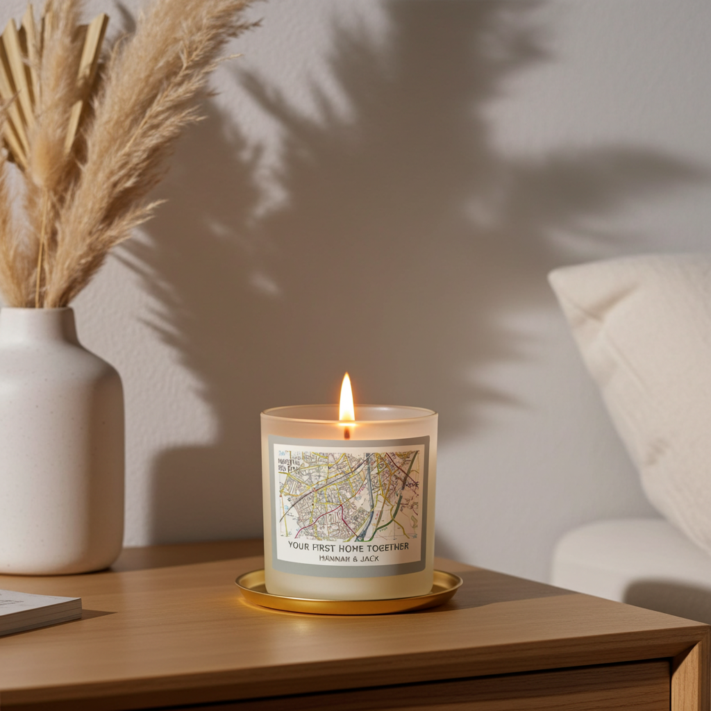 A lit scented candle in a clear glass jar with a map-style label sits on a gold tray on a wooden nightstand. The scene is styled with a white vase of dried grass and soft wall shadows, creating a cozy home environment.