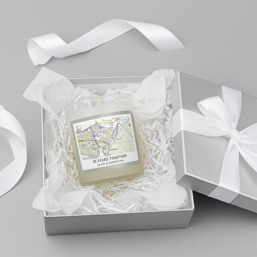 personalised map candle in a silver gift box with a white bow text states 20 years together and two names 