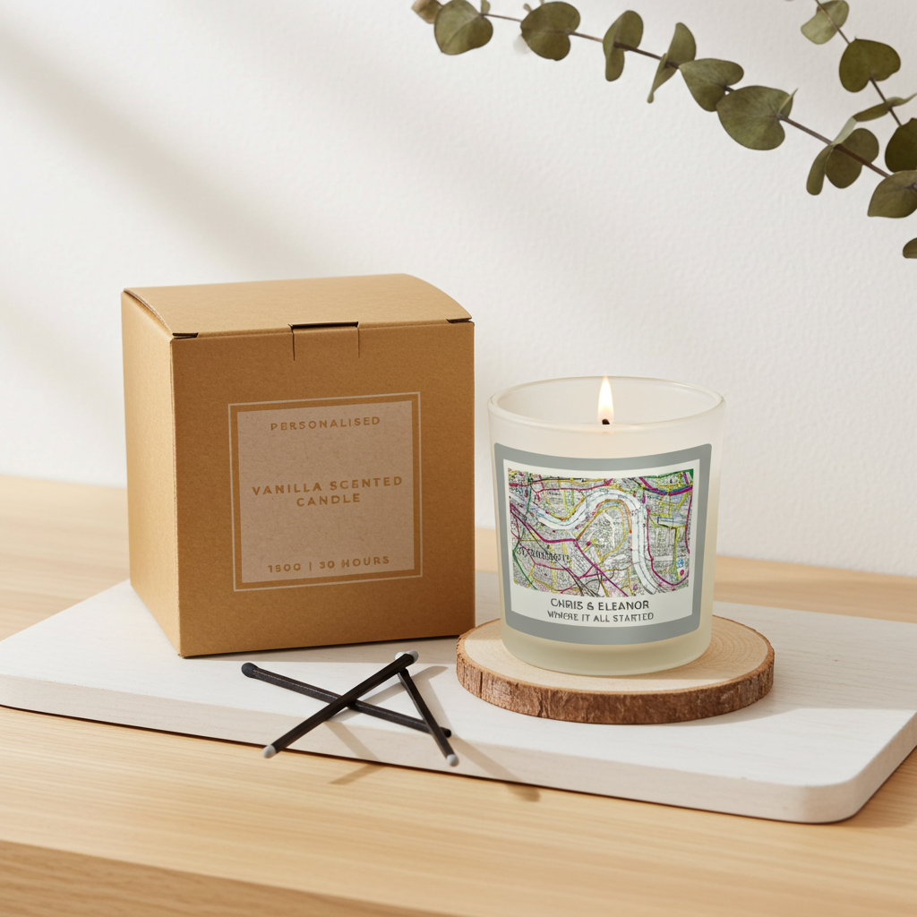 A personalized vanilla scented candle in a frosted glass jar with a map label, shown next to its kraft paper box on a wooden table. The candle is lit and sits on a round wooden coaster, with two black wicks placed nearby.