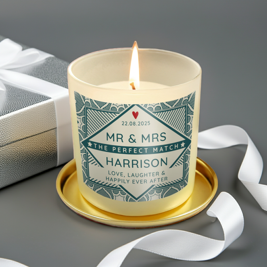 A personalized lit candle in a clear glass jar sits on a gold-colored metal tray. The candle features a cream-colored wax body and a decorative teal and gold label with the text 'MR & MRS HARRISON' and a wedding date.