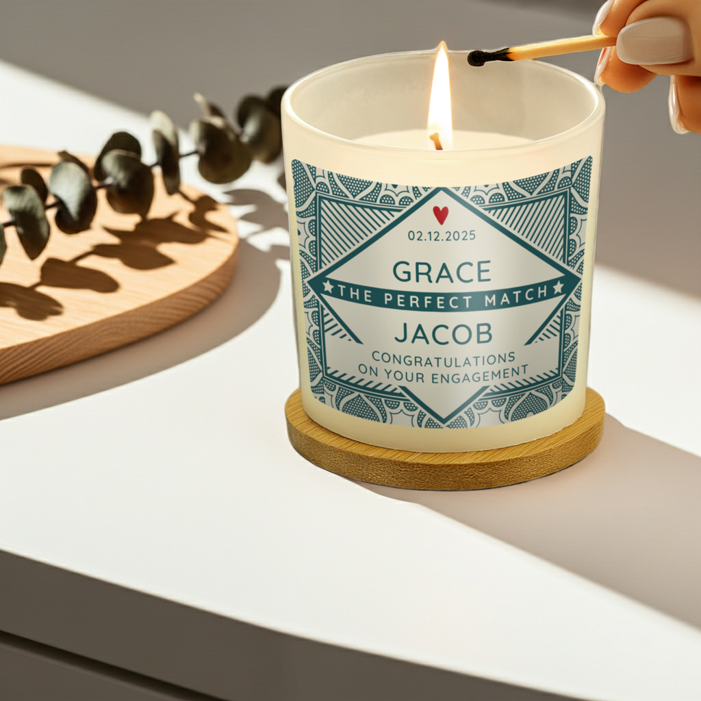 A personalized glass candle labeled 'Grace The Perfect Match Jacob Congratulations on your Engagement' is lit with a wooden match on a white surface. The candle has a cream-colored wax and a white label with a teal geometric pattern.