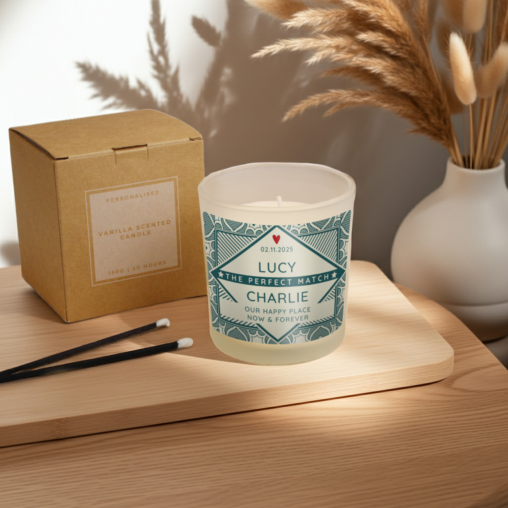 A personalized scented candle in a frosted glass jar sits on a wooden board next to its kraft paper box, with two wicks and dried grass in a vase in the background.
