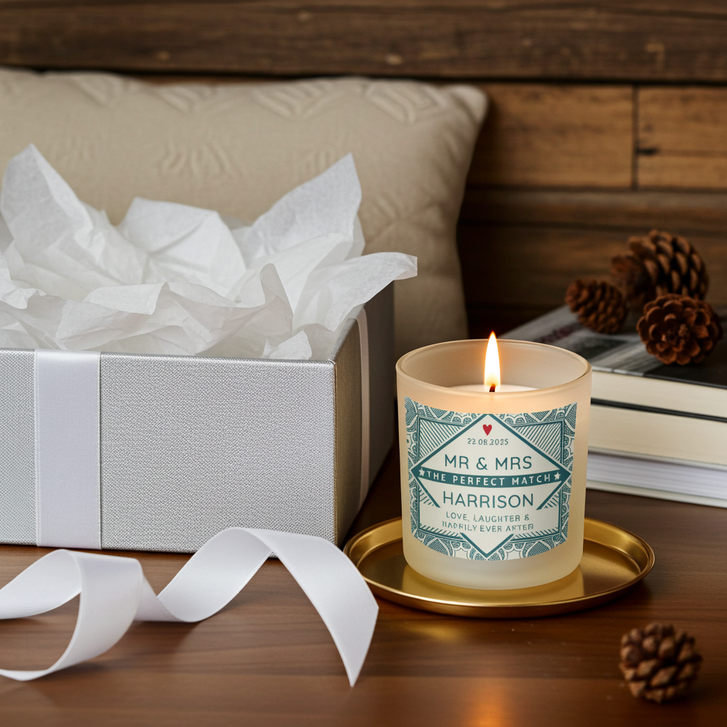 A lit scented candle in a clear glass jar sits on a gold tray beside an open gift box with white tissue paper and ribbon, on a wooden surface with books and pinecones in the background.