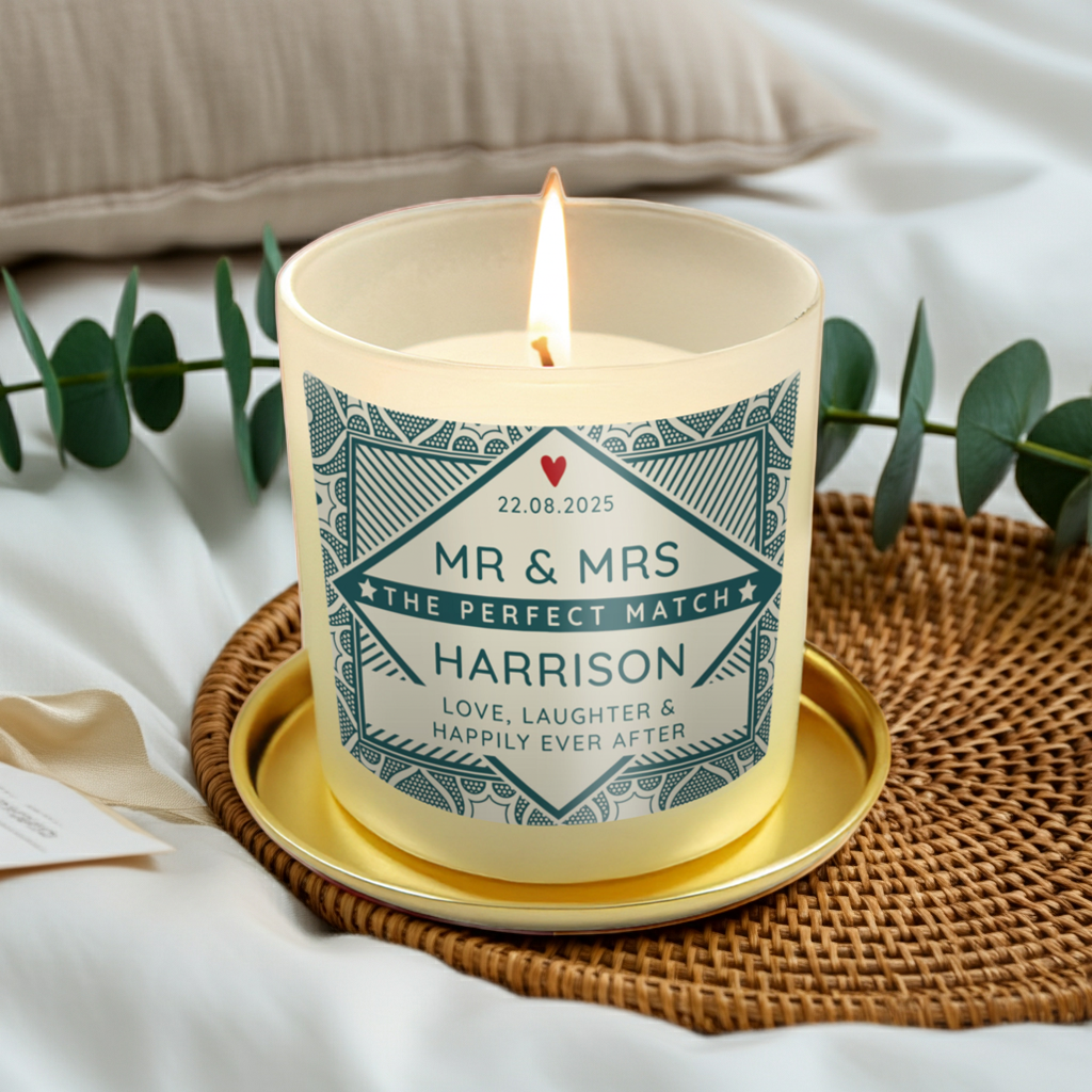 A lit cream-colored candle in a white glass jar sits on a gold tray over a woven placemat, with white bedding, a pillow, and green eucalyptus leaves in the background. The front label reads 'MR & MRS THE PERFECT MATCH HARRISON 22.