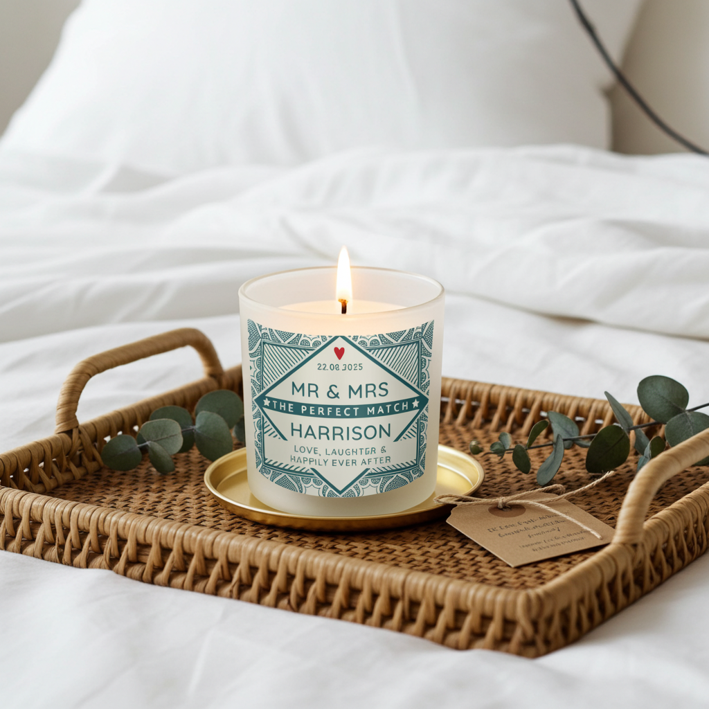 A lit white scented candle in a clear glass jar sits on a small gold tray inside a woven wicker serving tray, styled on a white bed with greenery and a tag nearby.