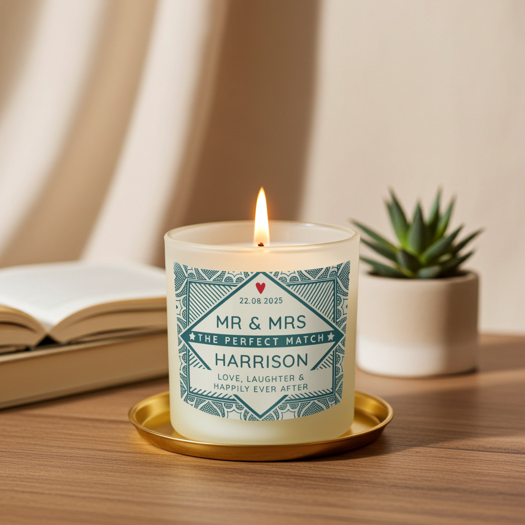 Candle with a personalized label on a wooden surface, next to an open book and a plant.