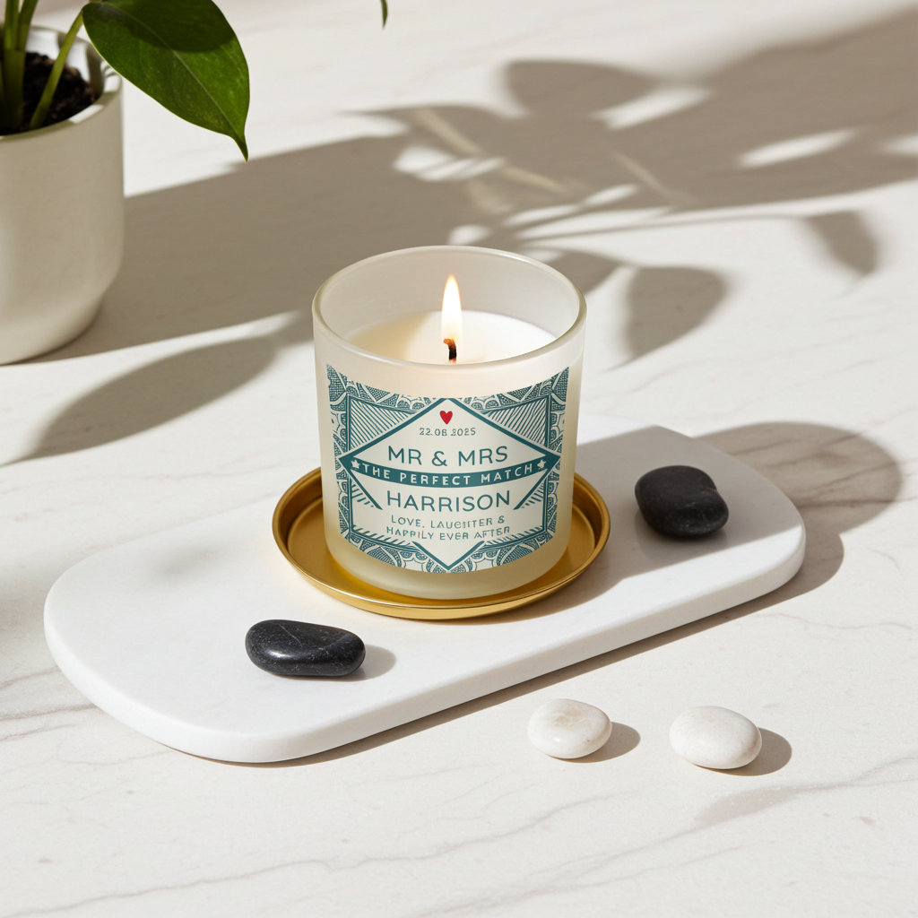 Candle with a decorative label on a white surface with a plant and stones.