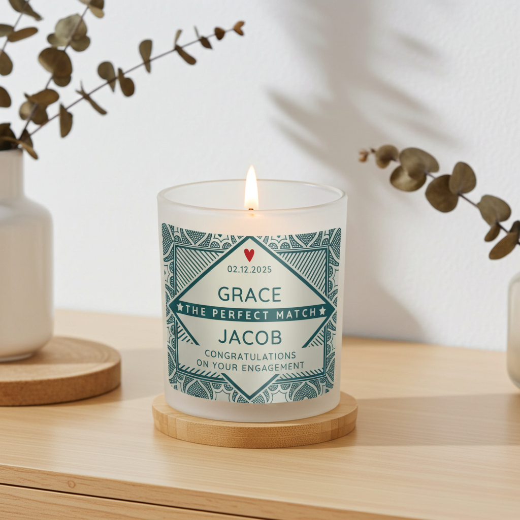 A personalized glass candle with a white wax body and a teal geometric label reading 'Grace The Perfect Match Jacob' and 'Congratulations on your engagement,' lit and set on a small wooden coaster on a light wood table with eucalyptus branches in the background.