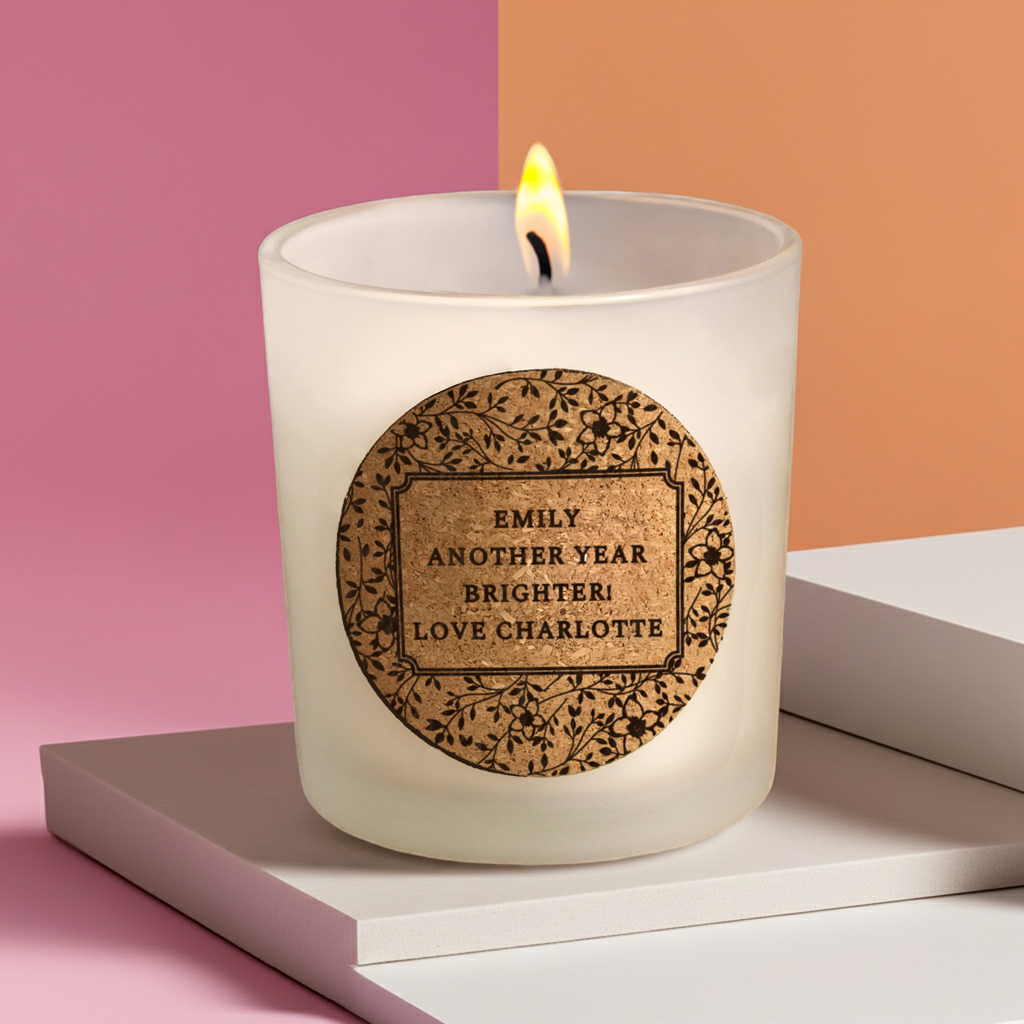Personalised Floral Vanilla Scented Jar Candle | Custom Cork Label Gift - Artfully Curated Creations and identify whats in the image