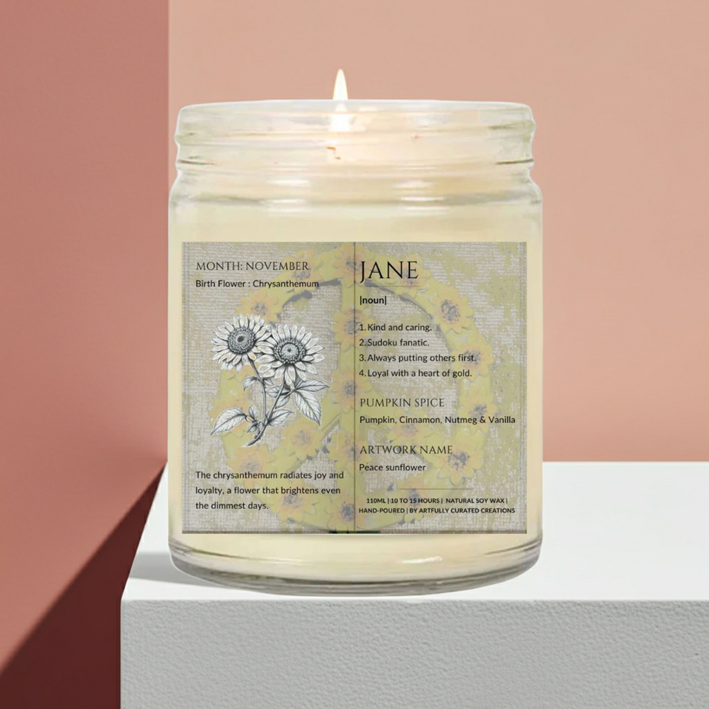 The Definition of you birth flower customisable scented artwork candle transparent jar with lid | Handmade | A personal gift - Artfully Curated Creations and identify whats in the image
