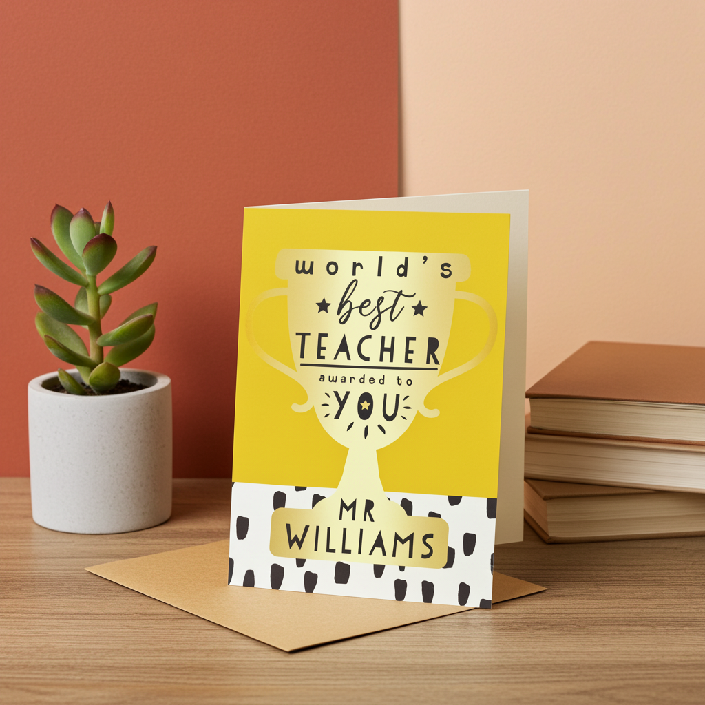 Personalised ‘World’s Best Teacher’ Greeting Card | A Thoughtful Way to Say Thank You - Artfully Curated Creations and identify whats in the image