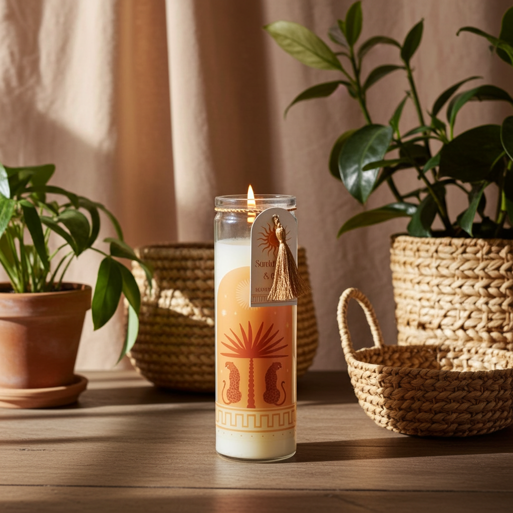 Sandalwood & Oud Leopard Print Candle 50-Hour Tube Candle in Stylish Abstract Jar Vegan Wax, Cosy Luxury Scent