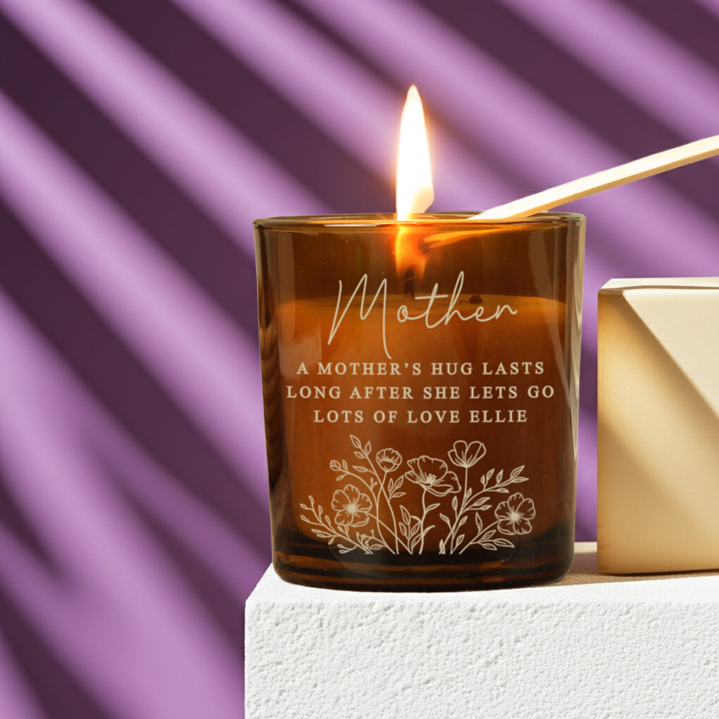 Personalised Floral Amber Glass Vanilla Candle Jar | Custom Message Gift for Any Occasion - Artfully Curated Creations and identify whats in the image