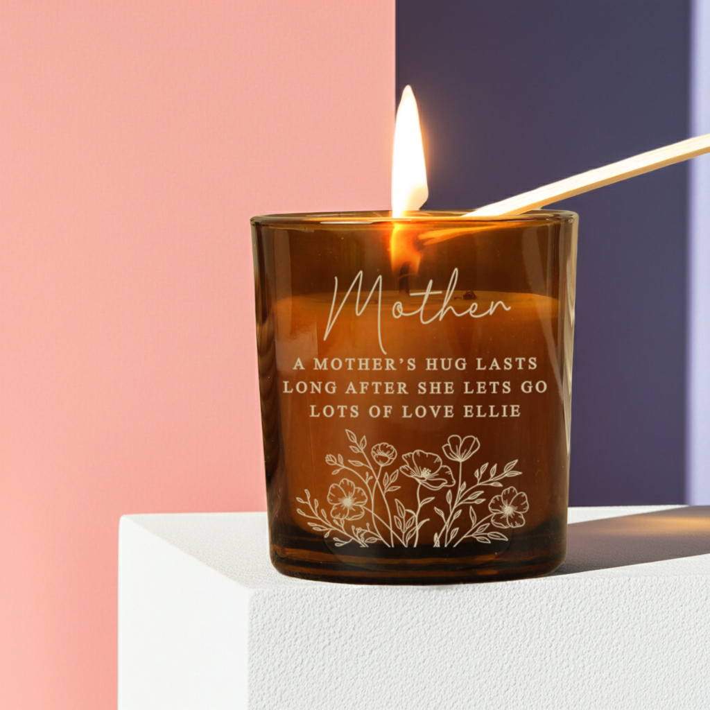 Personalised Floral Amber Glass Vanilla Candle Jar | Custom Message Gift for Any Occasion - Artfully Curated Creations and identify whats in the image