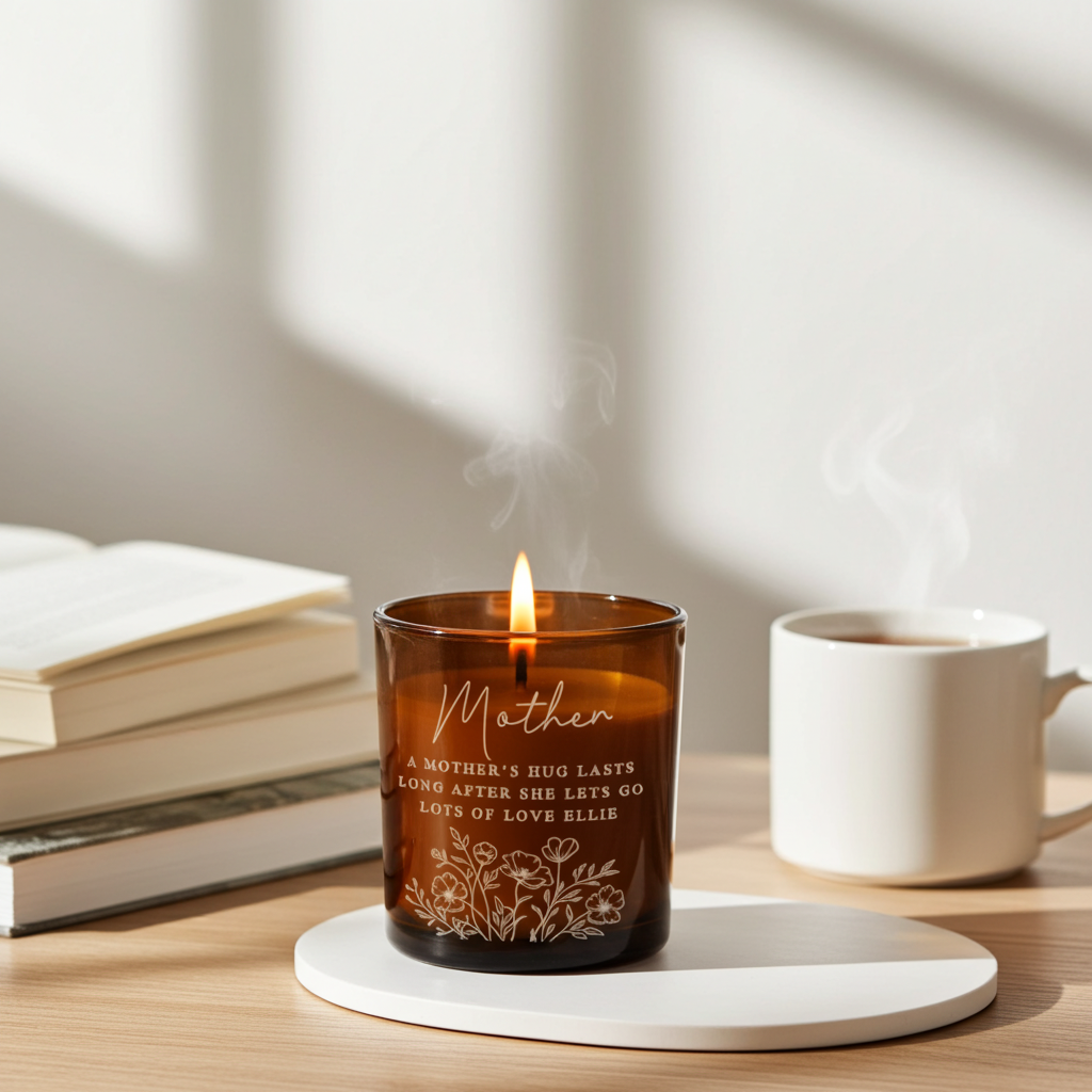 Personalised Floral Amber Glass Vanilla Candle Jar | Custom Message Gift for Any Occasion - Artfully Curated Creations and identify whats in the image