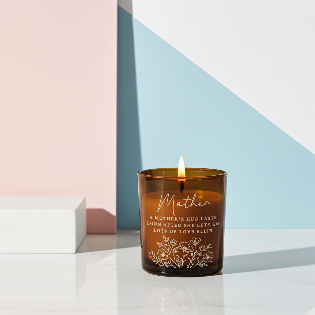 Personalised Floral Amber Glass Vanilla Candle Jar | Custom Message Gift for Any Occasion - Artfully Curated Creations and identify whats in the image