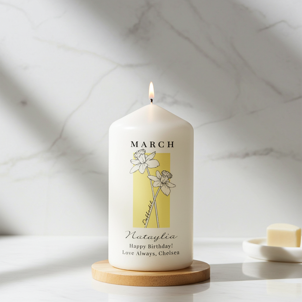 Personalised Birth Flower Pillar Candle | Handmade | A personal gift - Artfully Curated Creations and identify whats in the image