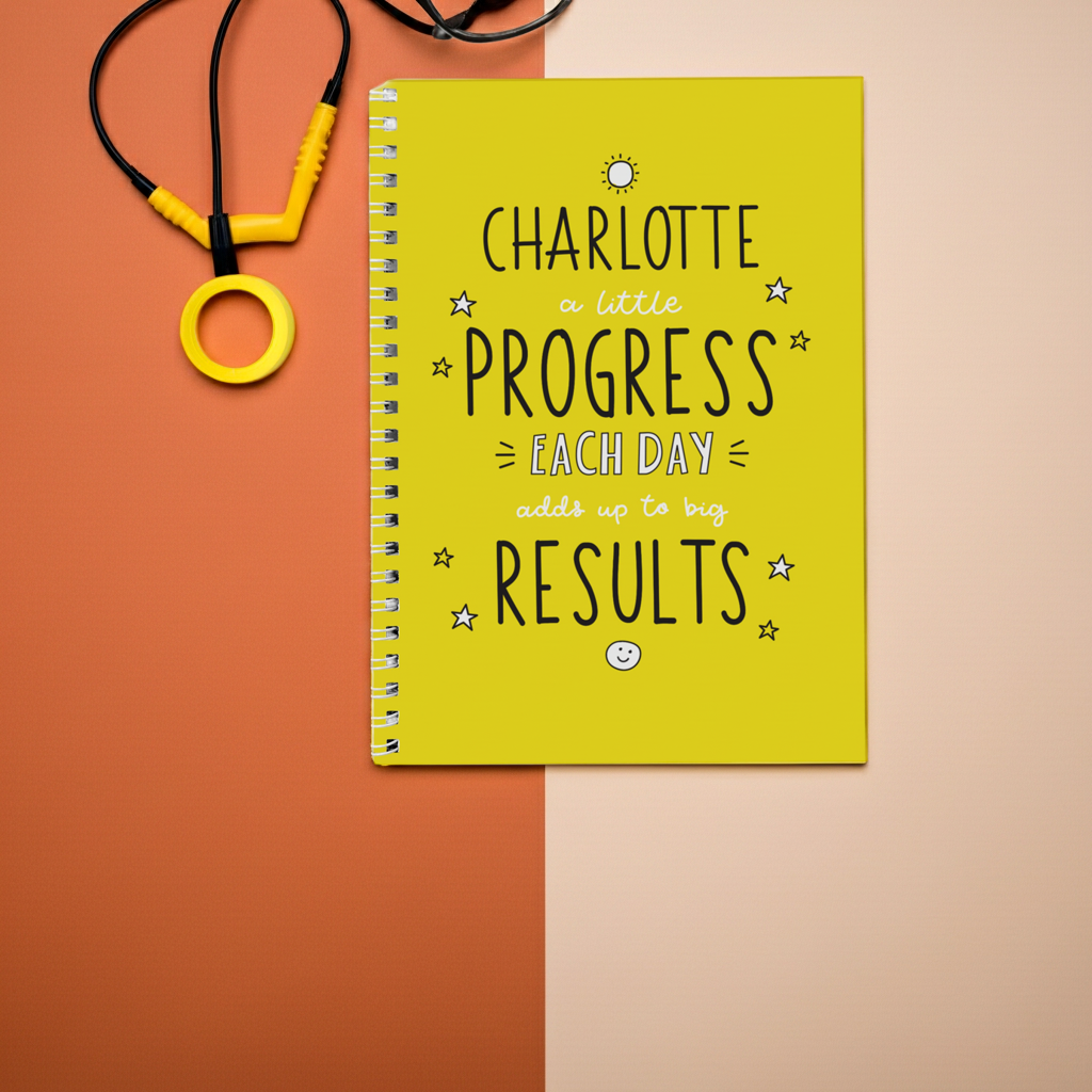 Yellow notebook with motivational quote on a two-tone background