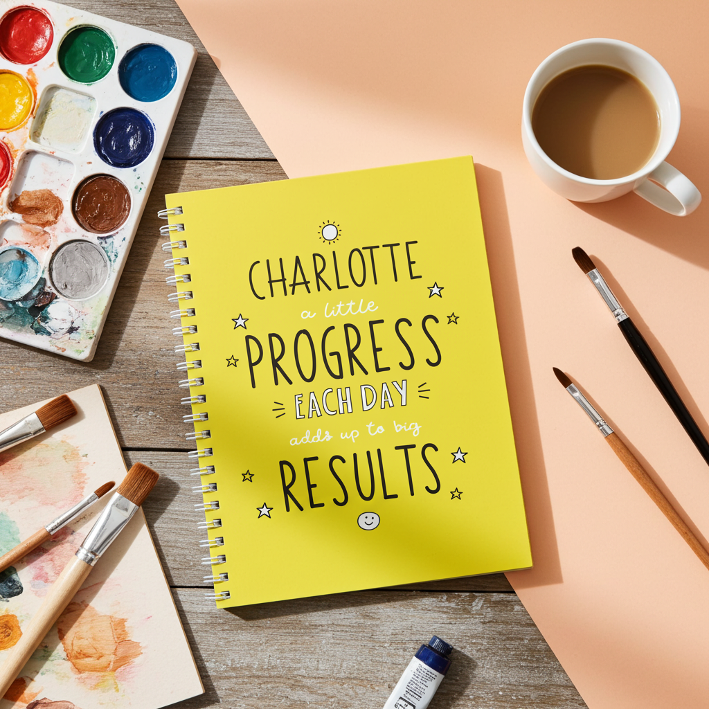 Yellow notebook with motivational quote, paint palette, and coffee cup on a wooden surface