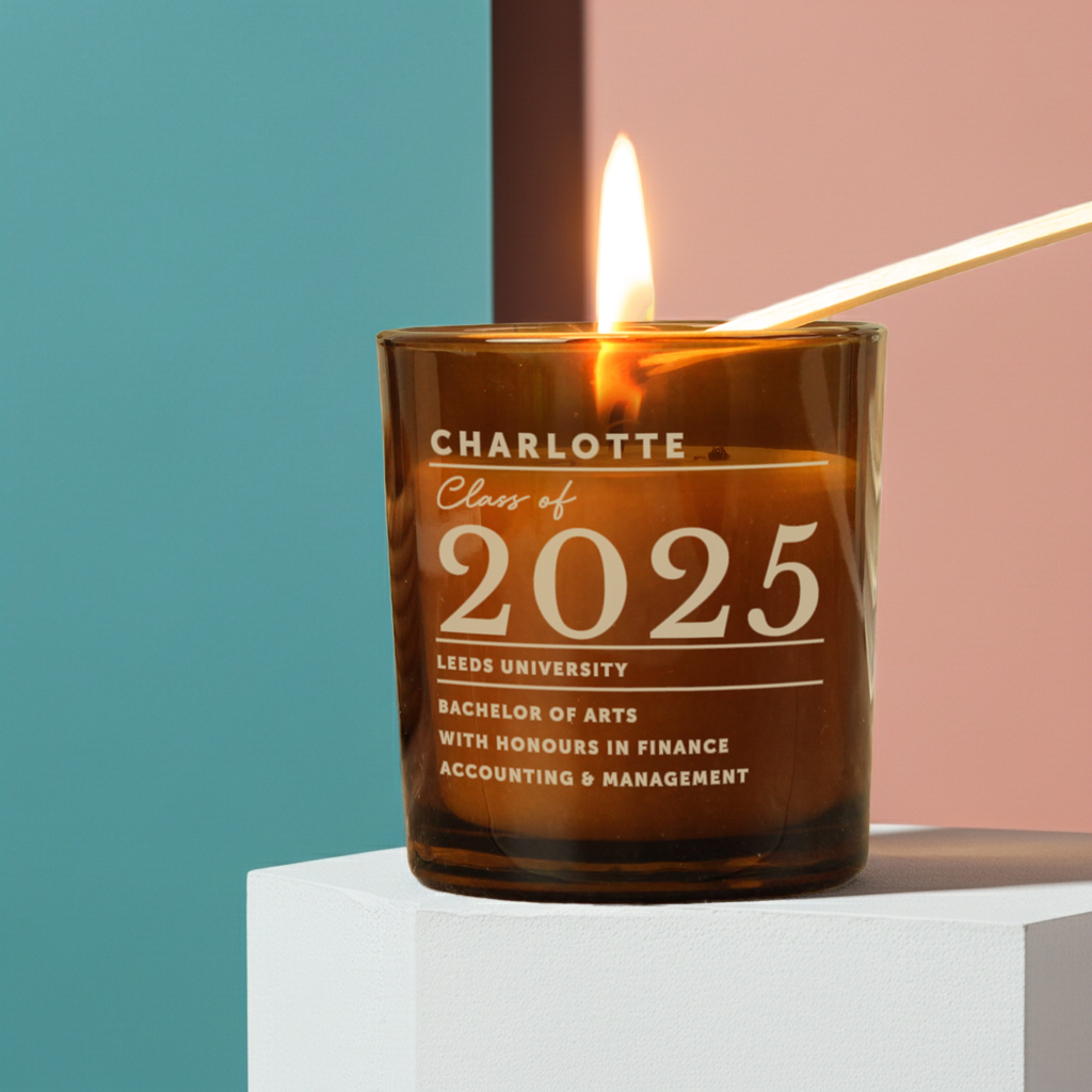 Personalised Amber Glass Vanilla Candle Jar | Graduation Keepsake Gift - Artfully Curated Creations and identify whats in the image