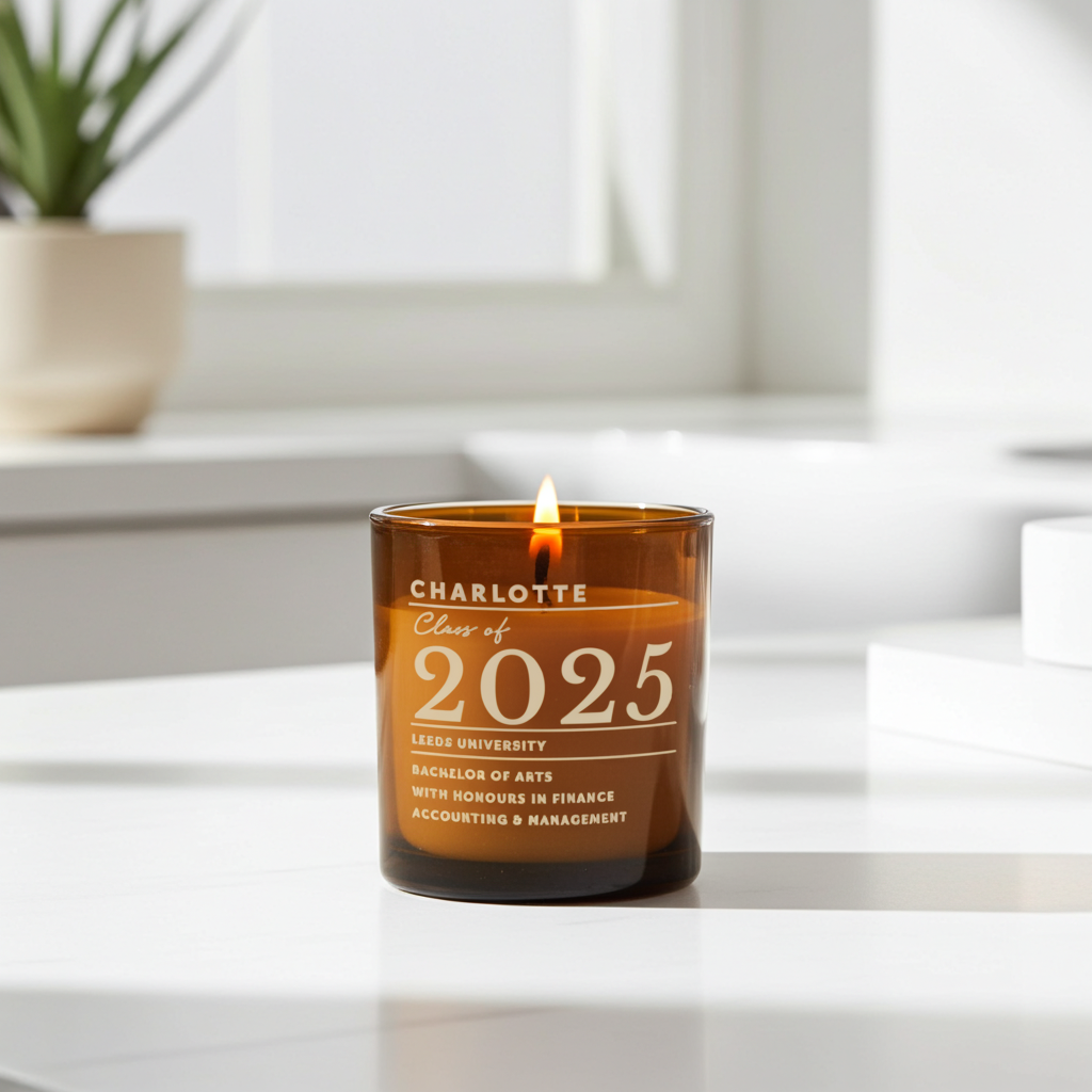 Personalised Amber Glass Vanilla Candle Jar | Graduation Keepsake Gift - Artfully Curated Creations and identify whats in the image