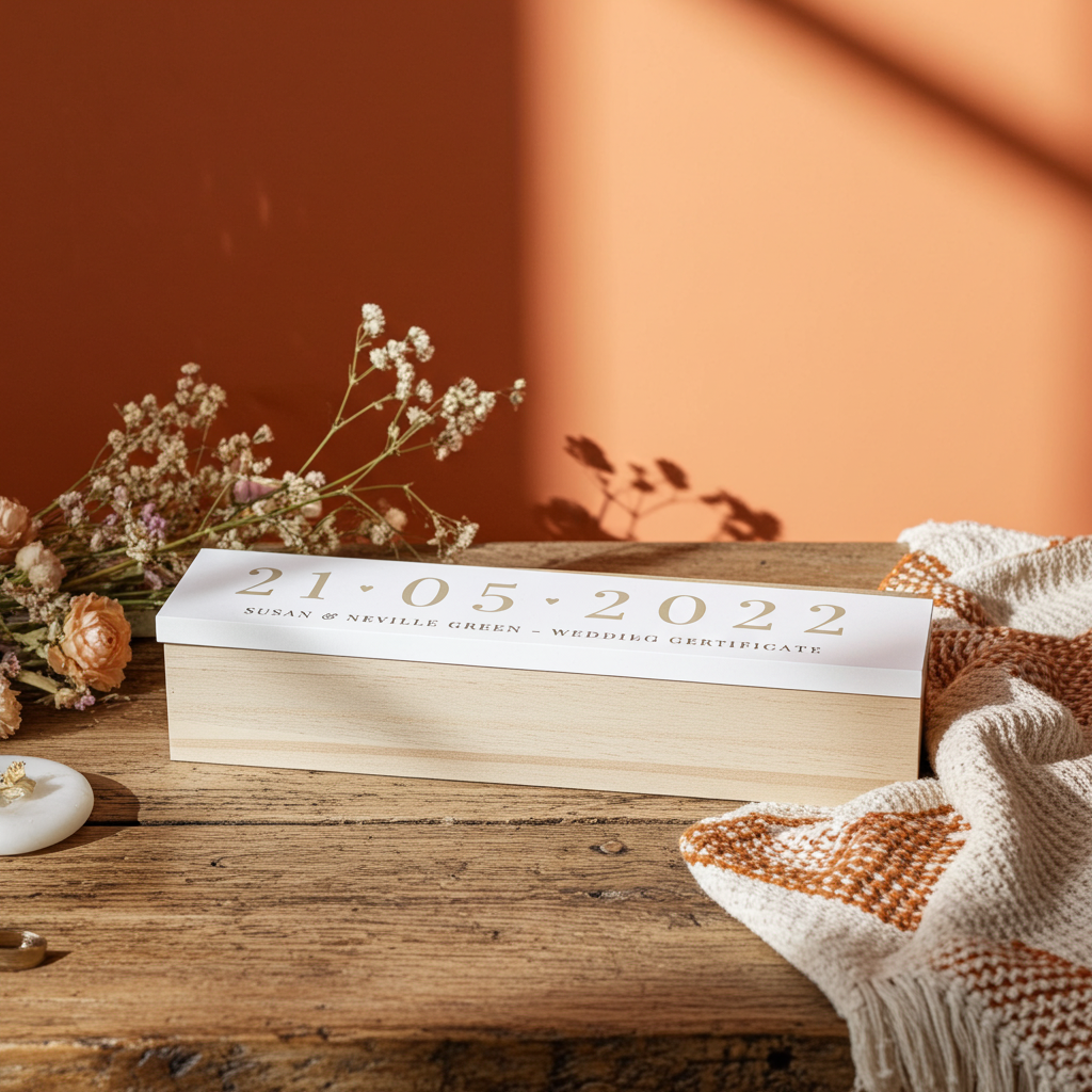 Wooden box with a wedding certificate on a wooden surface with flowers and a blanket.