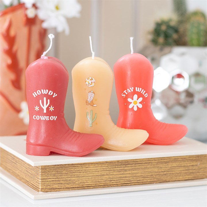 Howdy Cowboy Set of 3 Cowboy Boot Candles Pink Western Decor Unscented Paraffin Wax Novelty Candles with Fun Sayings, Drip-Style