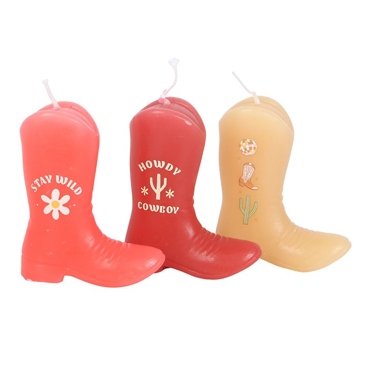 Howdy Cowboy Set of 3 Cowboy Boot Candles Pink Western Decor Unscented Paraffin Wax Novelty Candles with Fun Sayings, Drip-Style
