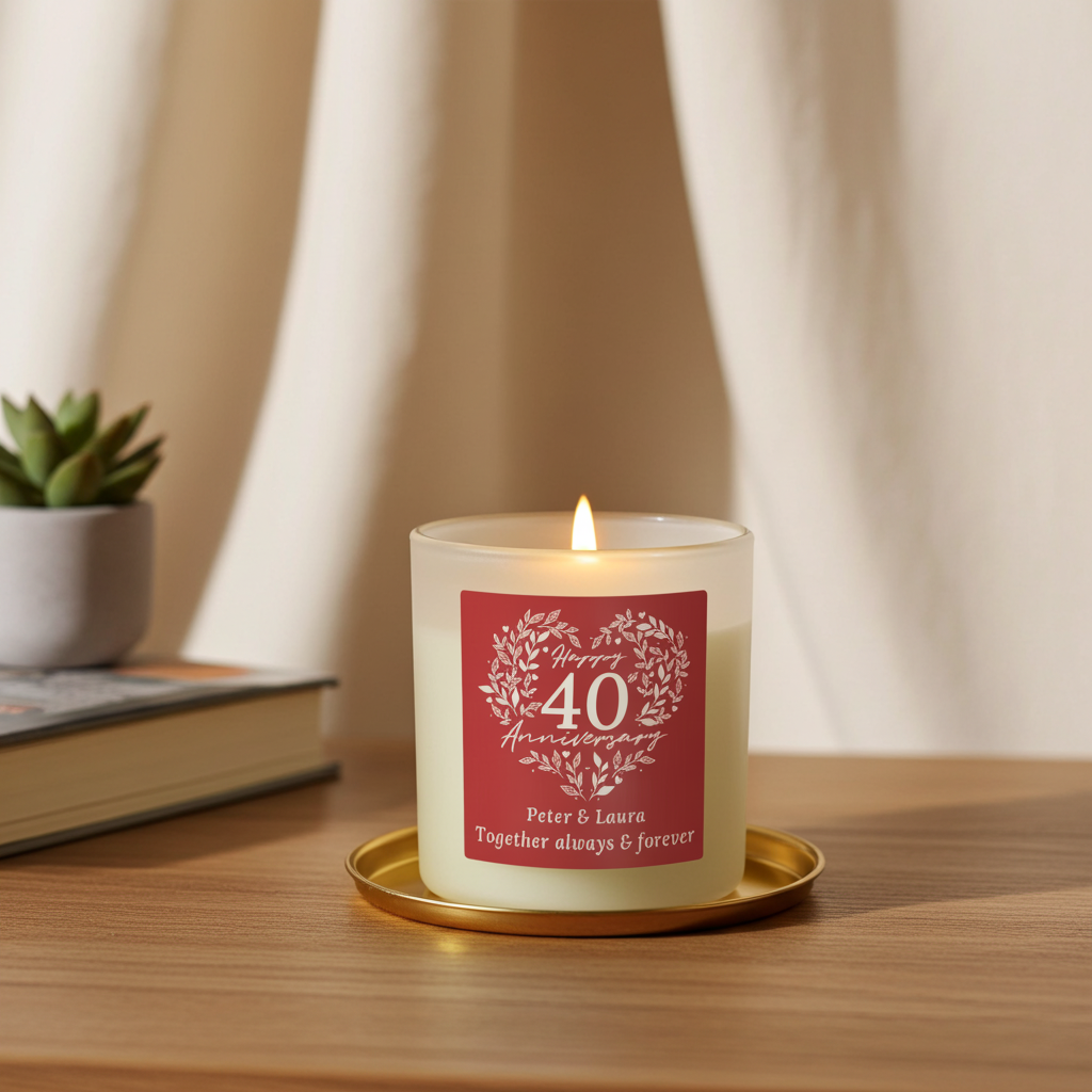 Personalised 40th Anniversary Vanilla Candle Jar | Ruby Anniversary Keepsake - Artfully Curated Creations and identify whats in the image