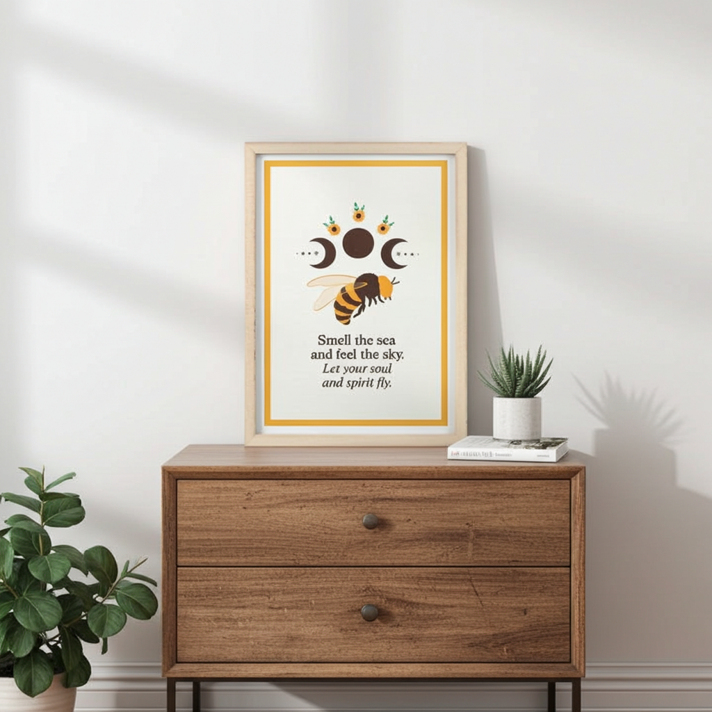 Summer Solstice Bee & Sunflower Framed Print Rustic Wall Art with Inspirational Quote & Moon Phases Wooden Frame