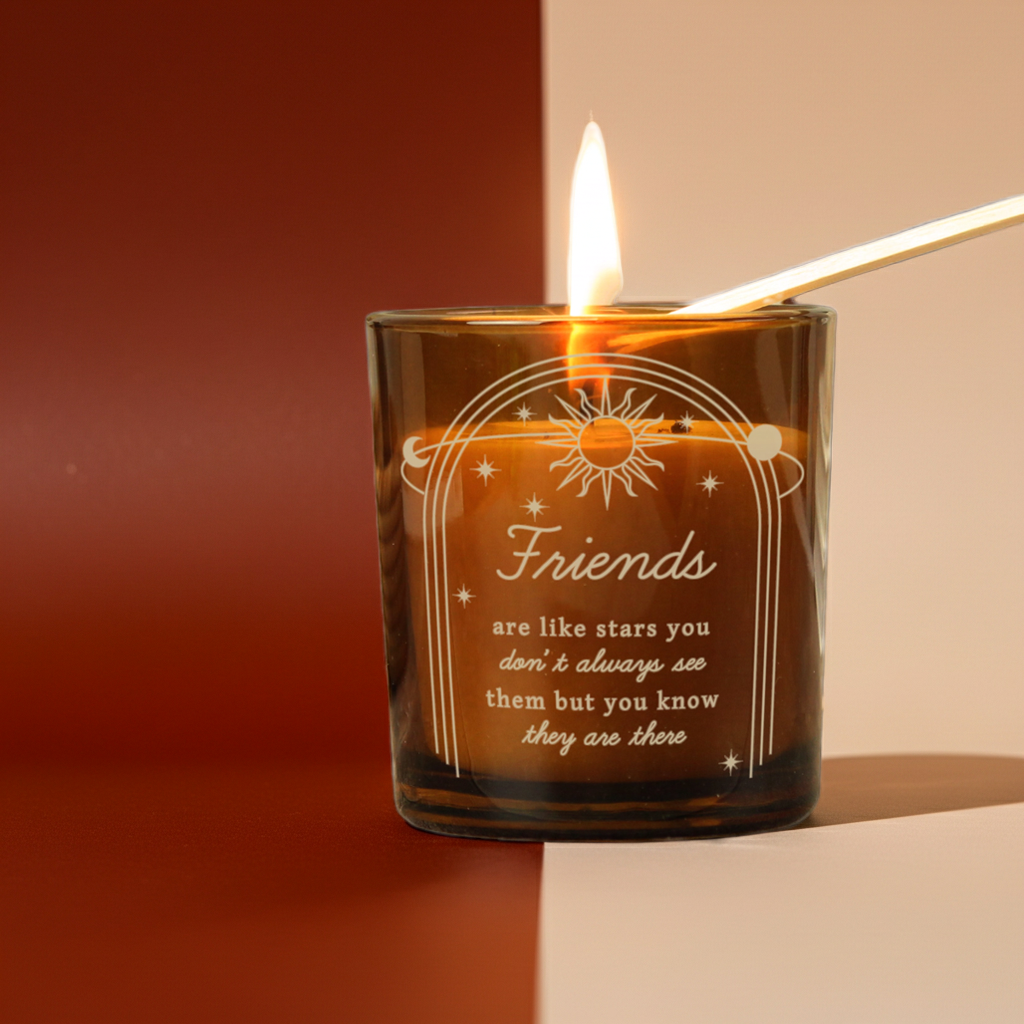 Personalised Celestial Vanilla Scented Candle In Amber Glass Jar | Handmade | A personal gift - Artfully Curated Creations and identify whats in the image