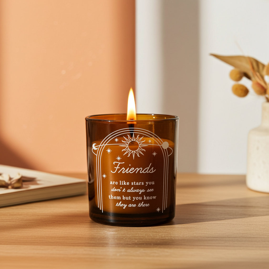 Personalised Celestial Vanilla Scented Candle In Amber Glass Jar | Handmade | A personal gift - Artfully Curated Creations and identify whats in the image
