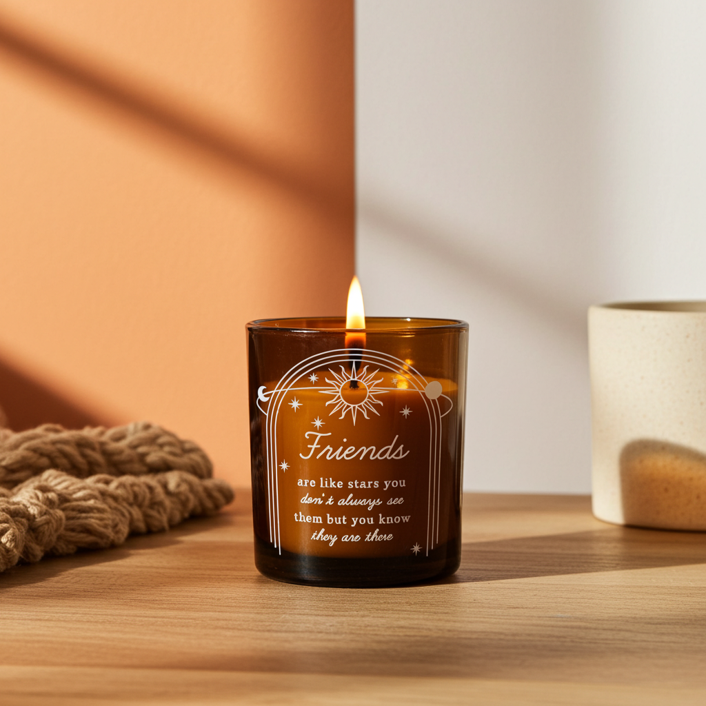 Personalised Celestial Vanilla Scented Candle In Amber Glass Jar | Handmade | A personal gift - Artfully Curated Creations and identify whats in the image
