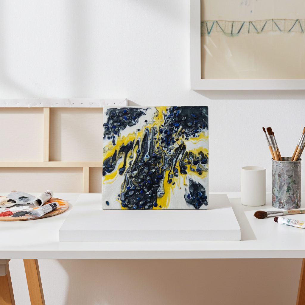 “Midnight Bloom” | Black, Gold & Pearl Resin Art with Lapis Lazuli Gemstones | Imperfectly Perfect Handmade Wooden Canvas