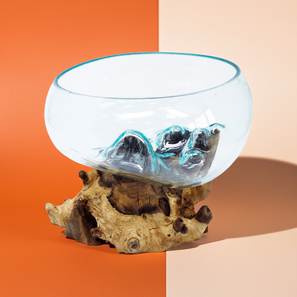 Molton Glass Open Top Large Bowl On Wooden Stand