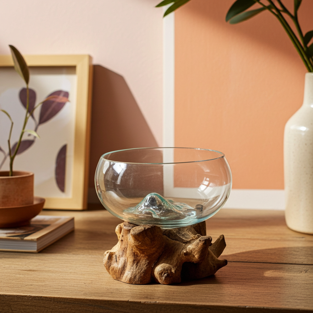 Molton Glass Open Top Large Bowl On Wooden Stand